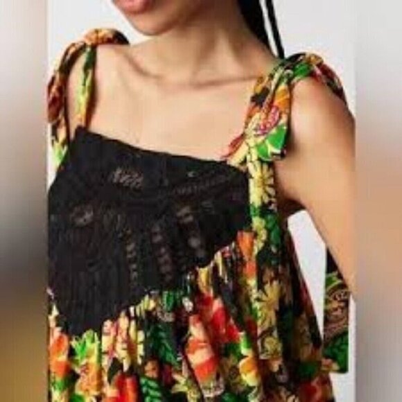 NEW FREE PEOPLE BALI MOROCCAN COLORFUL LACE FRONT TIE STRAP TOP TUNIC SZ SMALL - Picture 3 of 9